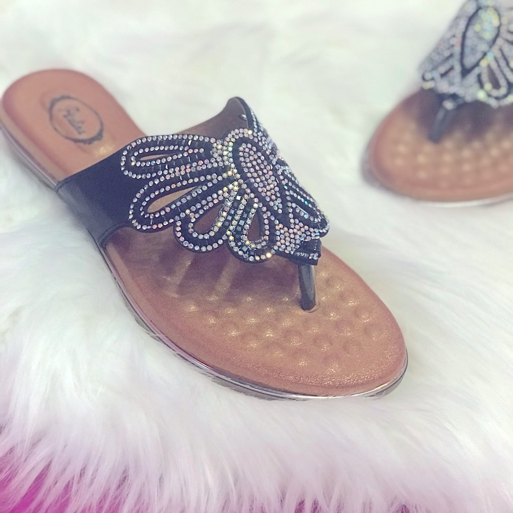 Last Chance BUTTERFLY Black AB Rhinestone Woven Bling Padded Slide Sandals 5.5 6 - Picture 2 of 10